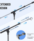 Floor Mic Stand With Adjustable Tripod Boom Arm, detail of adjustable length and proportion features, showing measurements