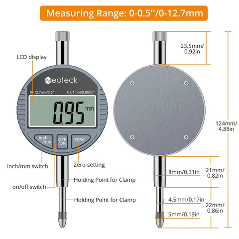 Workhorse Digital Dial Indicator With 0.01mm/0.0005 Inch Resolution, Digital Probe Gauge, 0-12.7mm/0.5 Inch Range, Aluminum Alloy Body, Large LCD Readout, Pro Grade Precision Tool For Mechanical, Industrial, And Lab Use