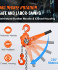 Side view of orange VEVOR manual lever chain hoist, 3-ton capacity, 20 ft lift, galvanized steel, 360° rotating hook