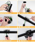 Step-by-step installation of 26FT H Track Lighting Kit In Black with connectors and mounting hardware on ceiling