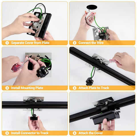 Step-by-step installation of Six Point Six Foot H Style Track Lighting Kit in black with connectors and hardware.