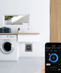 Smartphone displaying app controlling AirTitan T3 6 Inch Exhaust Vent Fan With WiFi Temperature Humidity Controller in laundry room
