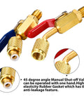 7 Piece DIY Friendly Air Conditioning Refrigerant Valve And Adapter Kit with 45 degree angled ball valves, knurled nuts.