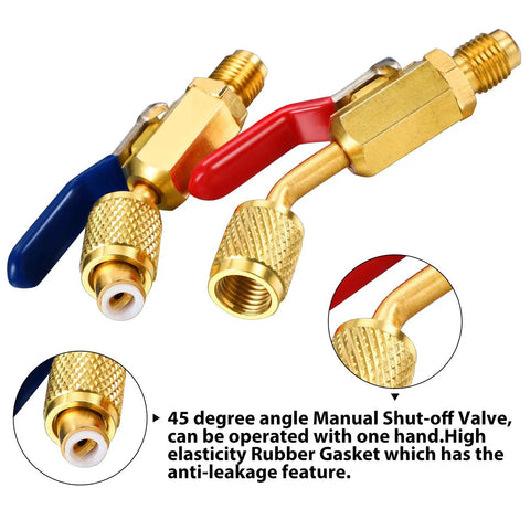 7 Piece DIY Friendly Air Conditioning Refrigerant Valve And Adapter Kit with 45 degree angled ball valves, knurled nuts.