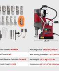 Magnetic Drill Press With Beefy Power, 820 RPM, 1.57 Inch Boring Diameter, 13000N Magnetic Base and accessories displayed