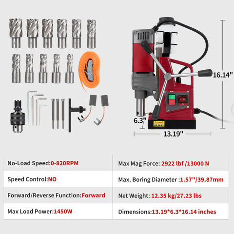 Magnetic Drill Press With Beefy Power, 820 RPM, 1.57 Inch Boring Diameter, 13000N Magnetic Base and accessories displayed