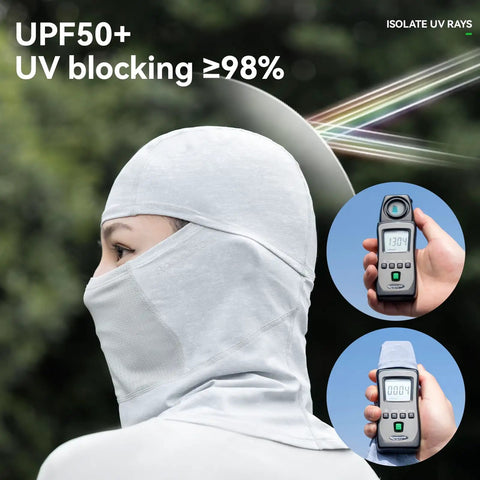 Summer Cooling Balaclava Face Mask For Men And Women All Day Comfort With UV Sun Protection Ideal For Cycling Skiing Hiking Fishing Motorcycling And Outdoor Adventures Grey side view with UV meter readings.