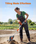Person using powerful cordless tiller cultivator for gardening with 360 RPM electric motor, 48 steel tines, 9-inch width
