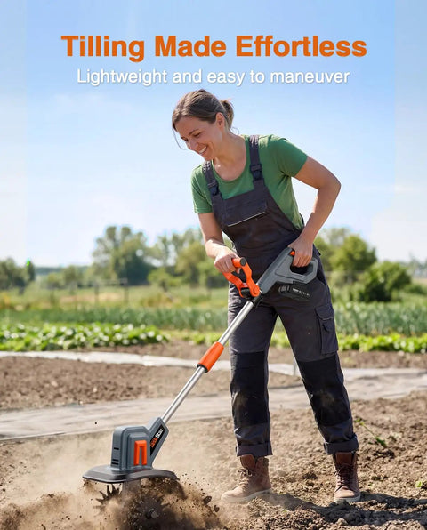 Person using powerful cordless tiller cultivator for gardening with 360 RPM electric motor, 48 steel tines, 9-inch width