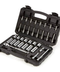 Three Eighths Inch Drive Six Point Socket And Ratchet Set, Thirty Four Piece With Deep And Shallow Sockets From One Quarter To One Inch, Pro Grade Quality For Home Mechanics And DIYers, Built Tough For Everyday Jobs, SKT15101 in a case.
