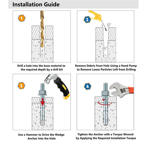 Installation guide for 12 Pieces Three Eighths Inch By Four Inch Zinc Plated Wedge Anchor Heavy Duty Concrete Fasteners Carbon Steel Expansion Bolts For Securing Structural Supports Handrails Machines Shelving And Metal Framing.