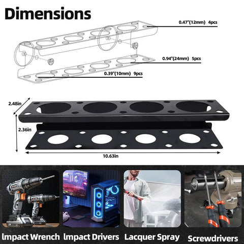 Diagram of Magnetic Power Tool Organizer Rack For Cordless Drills And Screwdrivers With 4 Stainless Steel Cups Heavy Duty Metal Storage Rack