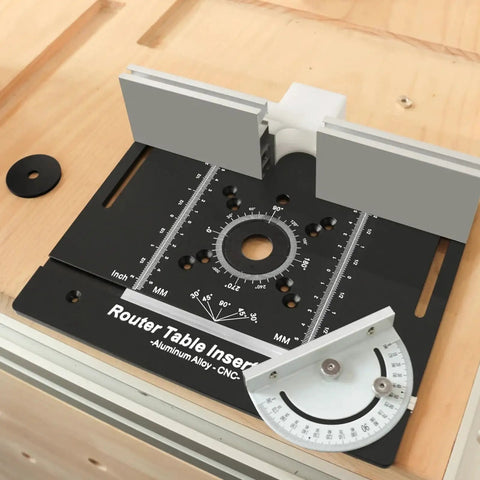 Built Tough Anodized Aluminum Router Insert Plate With Dead On Miter Grooves and Pro Level Woodworking Flip Board on workbench.