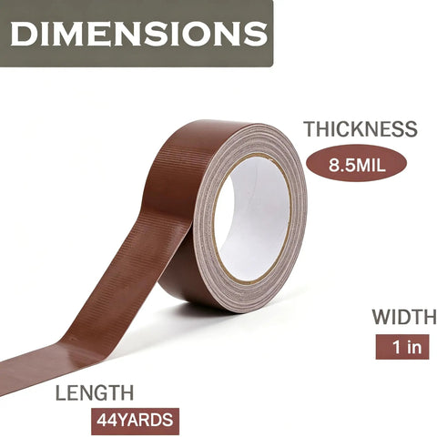 Heavy Duty Duct Tape 1 Inch By 44 Yards, Yellow, Multi Purpose No Residue Waterproof Tape For Repairs, Packaging, Bundling, Sealing, And Industrial Use, Tear By Hand, Great For Home, Workshop, And On The Job. Brown roll showing 1 in width, 44 yards length, 8.5 mil thickness.