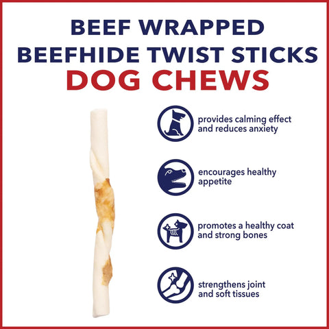 Image of Twistedz American Beefhide 5 Inch Twist Sticks For Dogs With Real Beef Meat Wrap Chew Treats, featuring health benefits