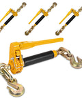 Beefy Heavy Duty Folding Handle Load Binder Set Five Sixteenths To Three Eighths Inch Ratchet Chain Binders With Grab Hooks G70T80 7100 Lbs WLL Four Pack For Flatbed Truck Trailers Hauling And Tie Down showing one load binder in focus with three others in the background.