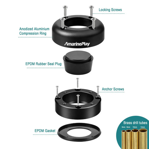 Waterproof Round Marine Cable Gland Pass Through Seal For Boat Wiring No Fuss Install With Rubber Seal Fits Cables Up To 1.08 In And Connectors Up To 1.34 In Aluminum Alloy Marine Grade exploded view with gasket, plug, and screws