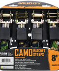Super Solid Camo Ratchet Straps 1 Inch By 8 Feet Tie Down Cargo With Vinyl Coated S Hooks 300 Lb Working Strength 900 Lb Break Rating To Keep Your Rig Locked In Tight For Daily Work Or Weekend Adventures 4 Pack with black handles and push bars.