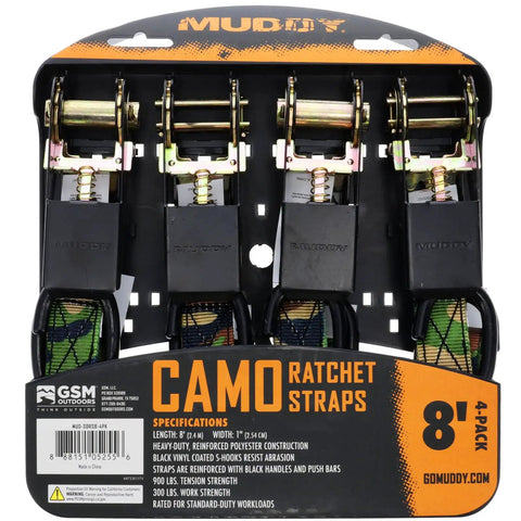 Super Solid Camo Ratchet Straps 1 Inch By 8 Feet Tie Down Cargo With Vinyl Coated S Hooks 300 Lb Working Strength 900 Lb Break Rating To Keep Your Rig Locked In Tight For Daily Work Or Weekend Adventures 4 Pack with black handles and push bars.