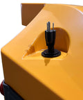 ApolloLift Electric Pallet Jack 4400 Lb Capacity Forklift Truck charging port close-up on yellow body for powered operation.