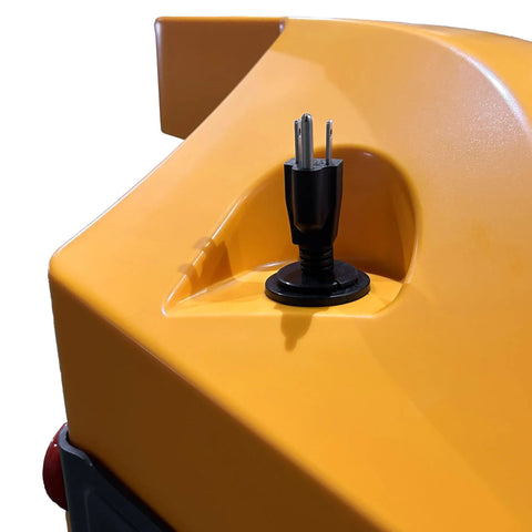 ApolloLift Electric Pallet Jack 4400 Lb Capacity Forklift Truck charging port close-up on yellow body for powered operation.