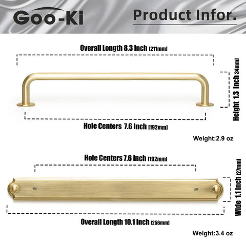 7.56 Inch Cabinet Handles In Brushed Brass, Sleek Dope Solid Zinc Alloy Drawer Pulls With Backplate And Spacer, dimensions displayed
