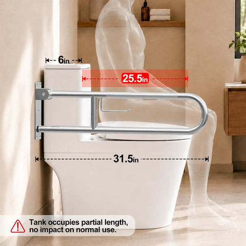 Built Tough 304 Stainless Steel Bathroom Grab Bar With Heavy Duty 510 Lb Capacity Fold Up Anti Slip Toilet Safety Rail And Rustproof Wall Mount Support For Seniors installed beside toilet, showing measurements.