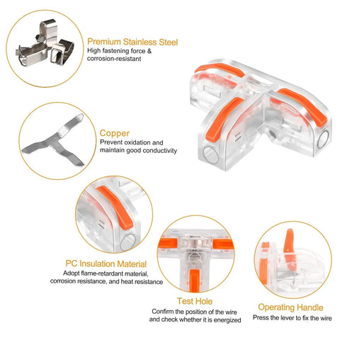 Three Way Lever Nut Wire Connectors Kit With T Shape Compact Design for Easy Push In Wiring showing materials and components