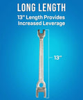 Lineman's B Type Double Ended Wrench, 13 Inch Long, Dual Open Ends Fit Five Eighths and Three Quarters Bolts on blue background