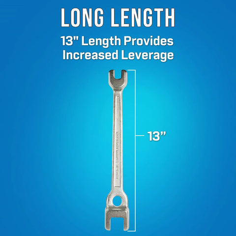 Lineman's B Type Double Ended Wrench, 13 Inch Long, Dual Open Ends Fit Five Eighths and Three Quarters Bolts on blue background
