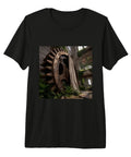 Rock This Premium Industrial Gear Ruin Factory Machinery Black Tri-Blend T Shirt displayed with vintage machinery backdrop.