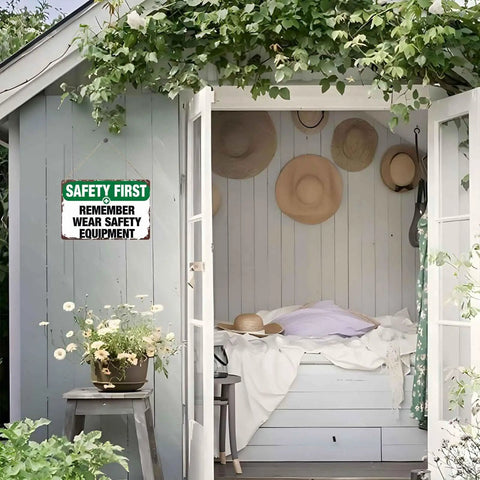 Funny Aluminum Safety Sign Wear Your Gear 8x12 Inch Wall Decor on shed exterior, surrounded by greenery.
