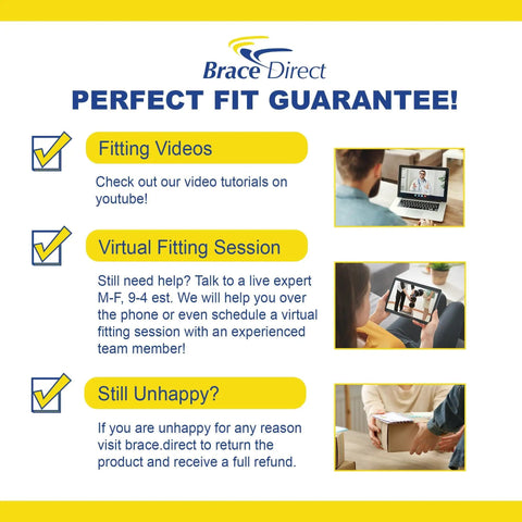 Checklist with videos, virtual fitting, and return options for Ambidextrous Wrist Brace With Adjustable Malleable Aluminum Cuffs