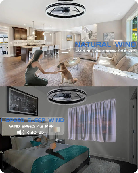 Enclosed Flush Mount Ceiling Fan With Light And Bluetooth Speaker in living room and bedroom settings, showcasing quiet operation.