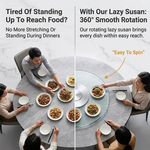 360 Degree Lazy Susan For Dining Table With Tempered Glass Round Top, family enjoying easy reach during dinner at round table
