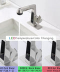 LED Bathroom Faucet With Pullout Sprayer Grey Digital Temperature Display 5 Water Flow Modes Single Handle Vanity