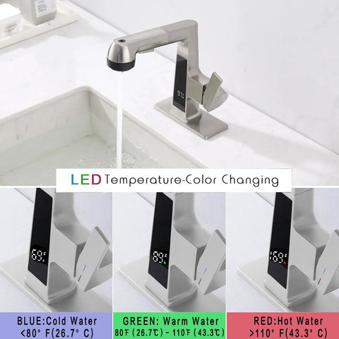 LED Bathroom Faucet With Pullout Sprayer Grey Digital Temperature Display 5 Water Flow Modes Single Handle Vanity