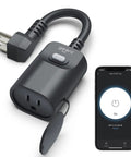 Weatherproof Indoor Outdoor Smart Plug With One Socket Handy Remote Control And Timer Set Lights And Devices From Anywhere Works With Alexa And Google Assistant Requires 2.4 GHz WiFi Black next to smartphone showing control app