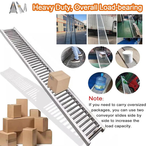 Heavy Duty Unpowered Roller Conveyor Slide For Warehouse Unloading 33 Ft Long 20 Inch Wide Industrial Grade Equipment shown in action with boxes.