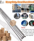 No Sweat Rolling Conveyor Table For Warehouse Unloading And Truck Trailer Loading Light Duty Stainless Steel Manual Slide System Smooth Cargo Moving Platform 20x13 Feet with displayed packages and ramp.