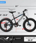 Diagram of Fat Tire Mountain Bike For Kids 20x4 Inch With Dual Disc Brakes Suspension Fork 7 Speed All Terrain MTB For Boys And Girls Aged 8 To 15, showing measurements.