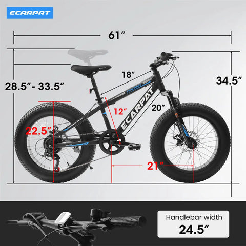 Diagram of Fat Tire Mountain Bike For Kids 20x4 Inch With Dual Disc Brakes Suspension Fork 7 Speed All Terrain MTB For Boys And Girls Aged 8 To 15, showing measurements.