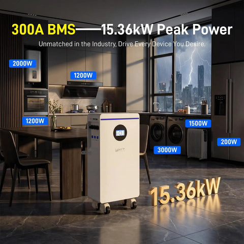 Top Shelf Heavy Duty 48V 314Ah LiFePO4 Battery With 300A Smart BMS And Bluetooth App Control, wall-mounted in modern kitchen.