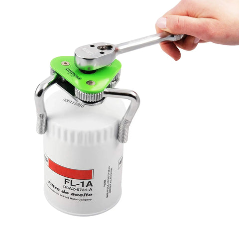 Tool in use: Adjustable Three Jaw Oil Filter Wrench Fits Spin On Filters From Two And A Half to Four And A Half Inches