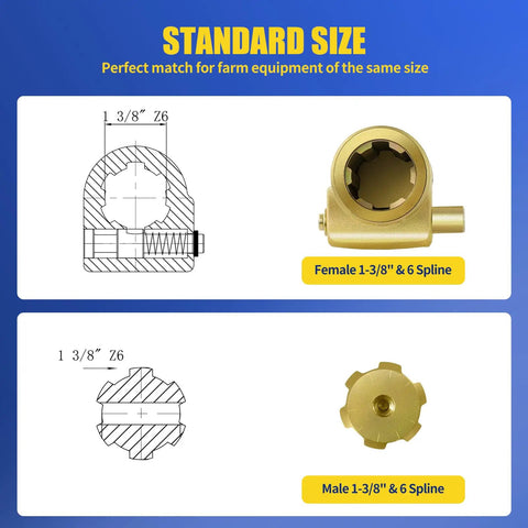 Heavy Duty PTO Extension Adapter For Tractors, One And Three Eighths Inch Six Spline Female And Male, Push Pin Quick Yoke, 70 HP PTO Shaft Extension, Alloy Steel Build, 6.375 Inch Overall Length, 4.125 Inch Extendable, Easy Quick Connect, 1-3/8 in 6-spline female and male ends