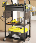 Power Tool Organizer Cart With Dual-Sided Drawers On Wheels Featuring 8-Outlet Charging Station And Pegboard Accessories in garage