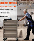 Person pushing a tool cabinet on caster wheels in a garage setting, highlighting ergonomic heavy-duty casters.