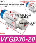Diagram of Mechanical Arm Gripper Cylinder And Vacuum Generator With Suction Cup For Pick And Place Automation, showing dimensions