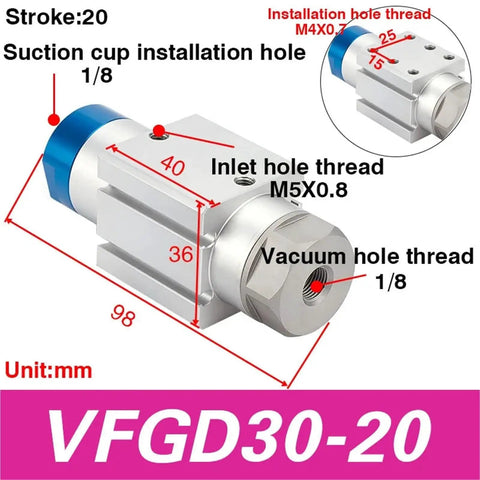 Diagram of Mechanical Arm Gripper Cylinder And Vacuum Generator With Suction Cup For Pick And Place Automation, showing dimensions