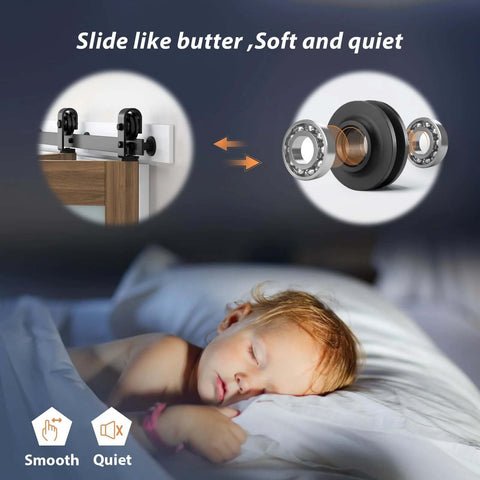 Child sleeping next to Double 15x84 Frosted Glass Barn Door Set with quiet roller system detail shown
